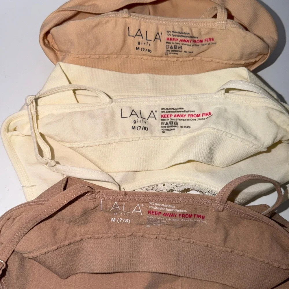 LALA Girls Size M 7/8 3-Pack Seamless Lace Trim Bralettes Neutral Nude Basics